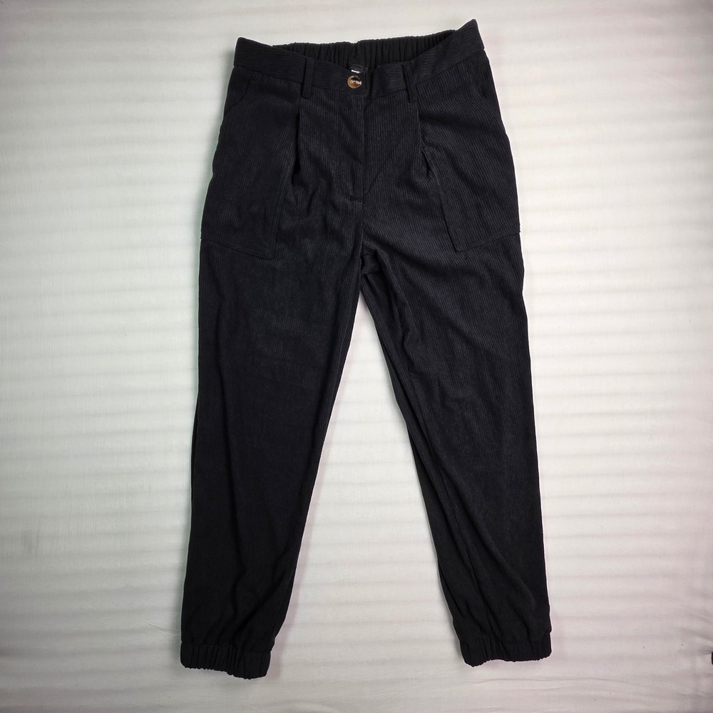 Black Corduroy Jogger Pants Women Medium High Waist Pleated Jogger Trousers
